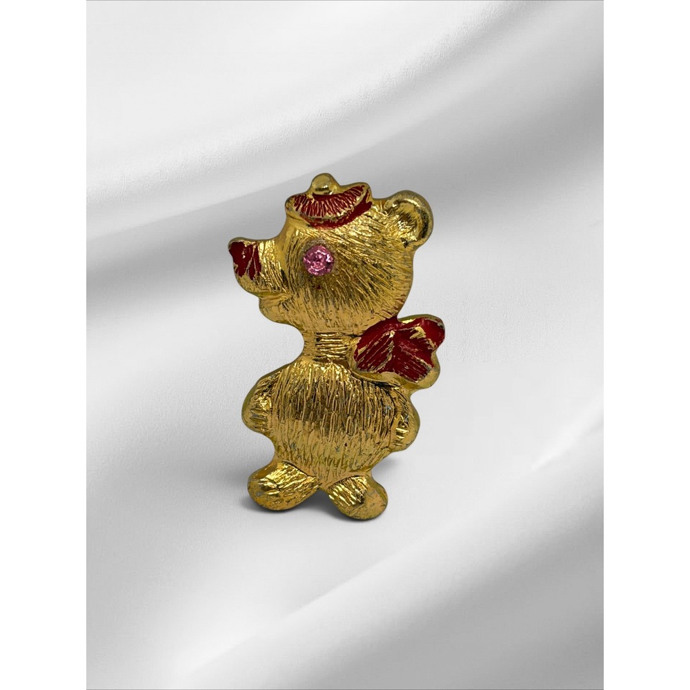 Vintage Gold Tone Teddy Bear Brooch Red Enamel Pink Rhinestone Eye Hong Kong